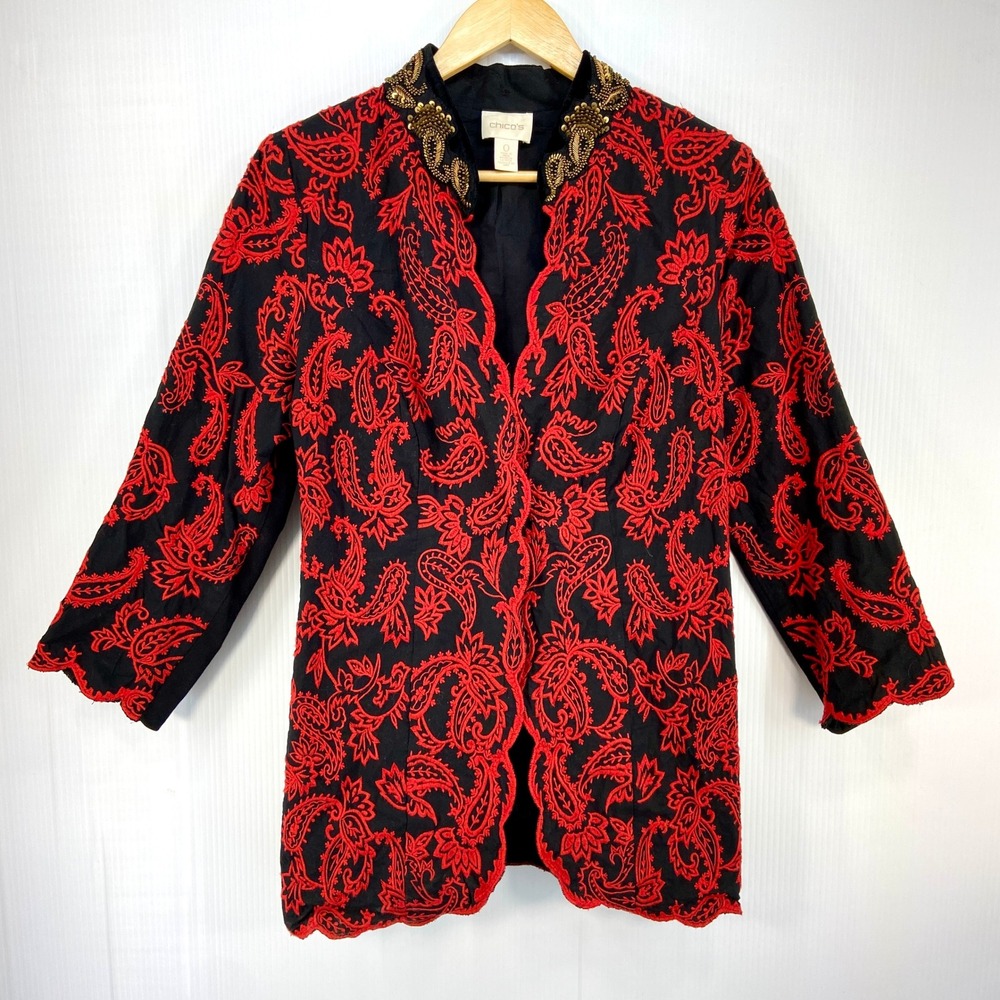 Chicos Red Black Embroidered Jacket Coat‎ Gold Beaded Collar Womens 0 XS 4